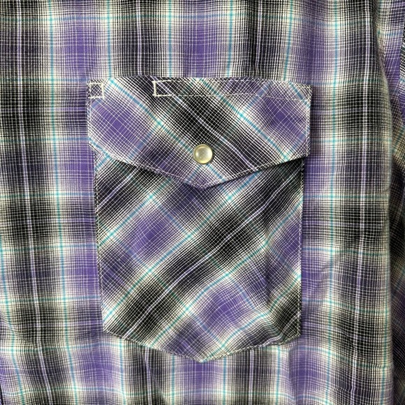 Wrangler Western Short Sleeve Men’s sz. 2XL XXL Purple Snap‎ Pearl Buttons Plaid - Picture 2 of 6